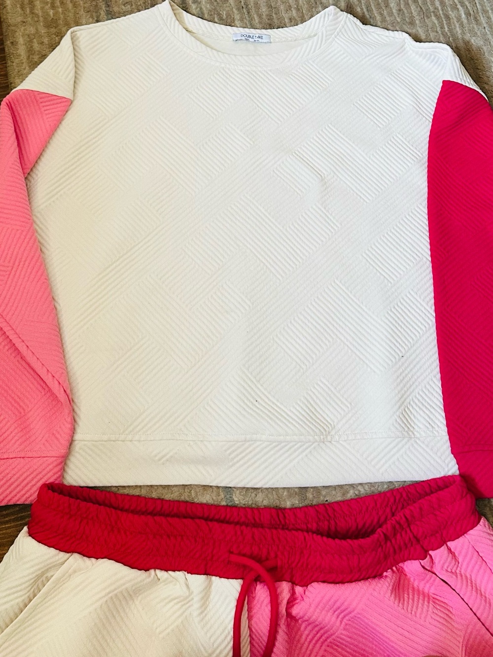 Double Take Colorblock Sweatshirt & Shorts Set - White, Pink, Hot Pink 2XL - Picture 4 of 7